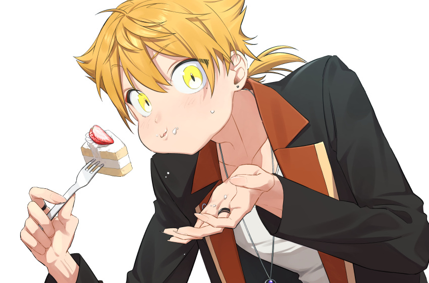 1boy, black_jacket, blazer, blonde_hair, earrings, eating, fingernails, food