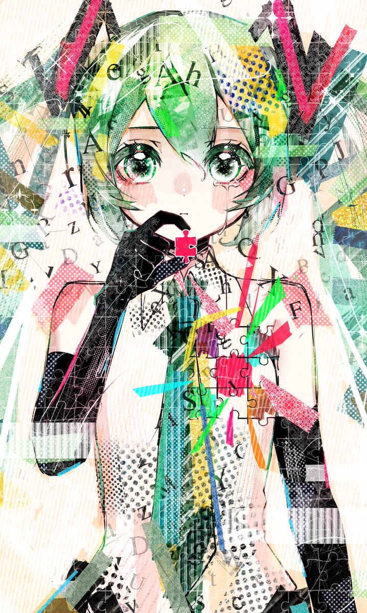1girl, aqua_eyes, aqua_hair, aqua_necktie, bare_shoulders, ben-day_dots, black_gloves, blonde_hair
