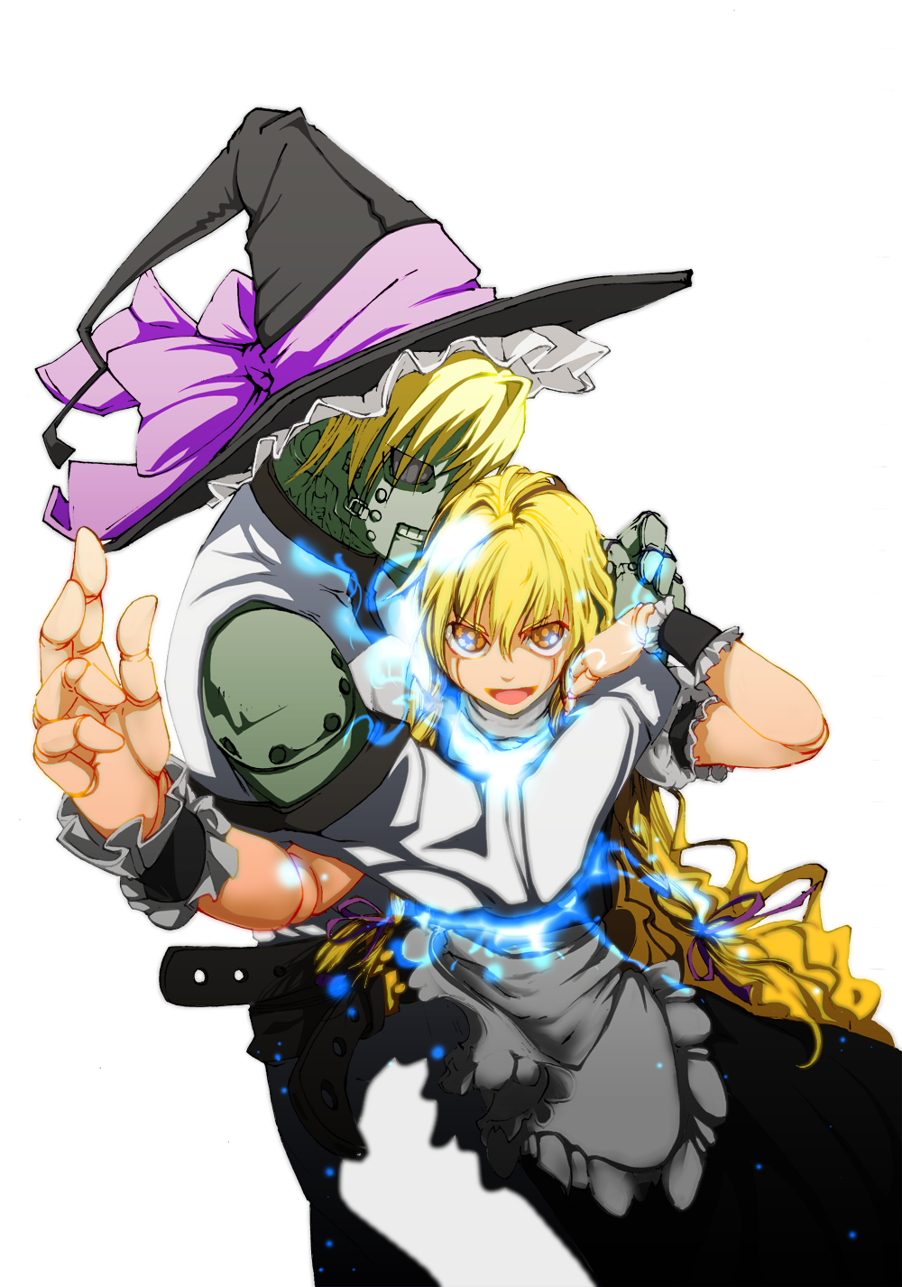 android, apron, blonde_hair, bow, crossover, doll_joints, electricity, hat