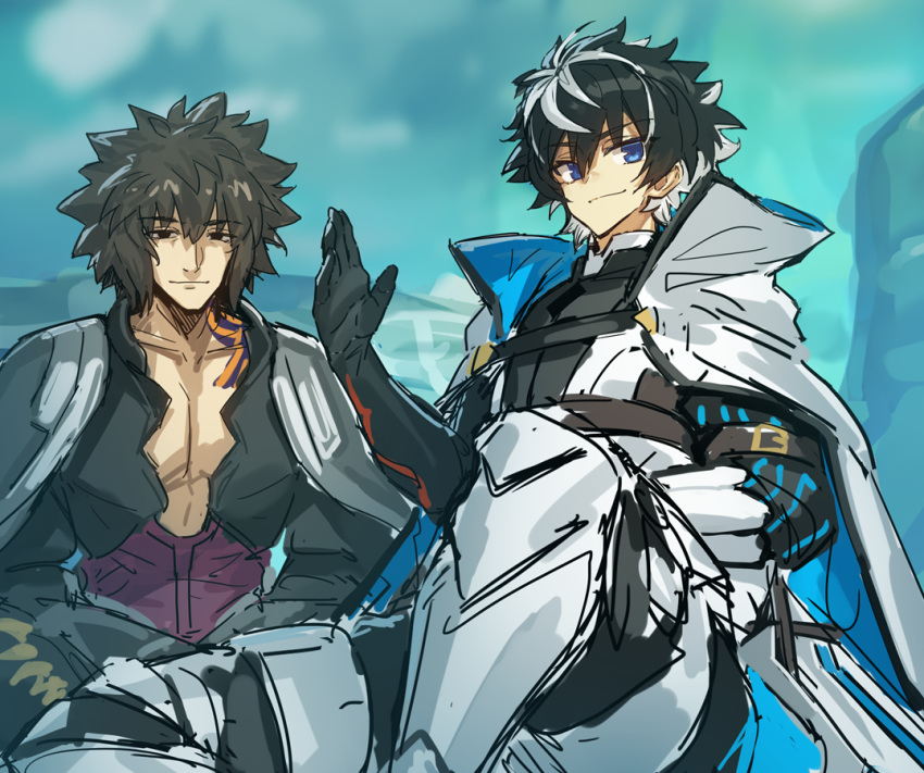 2boys, archimedes_(fate), armor, black_eyes, black_hair, black_shirt, blue_eyes, charlemagne_(fate)
