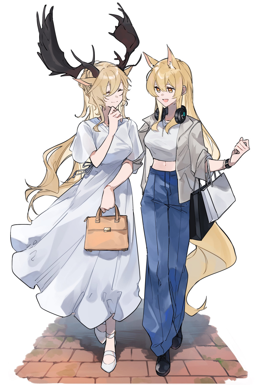2girls, :d, ^_^, absurdres, alternate_costume, animal_ears, antlers, arknights
