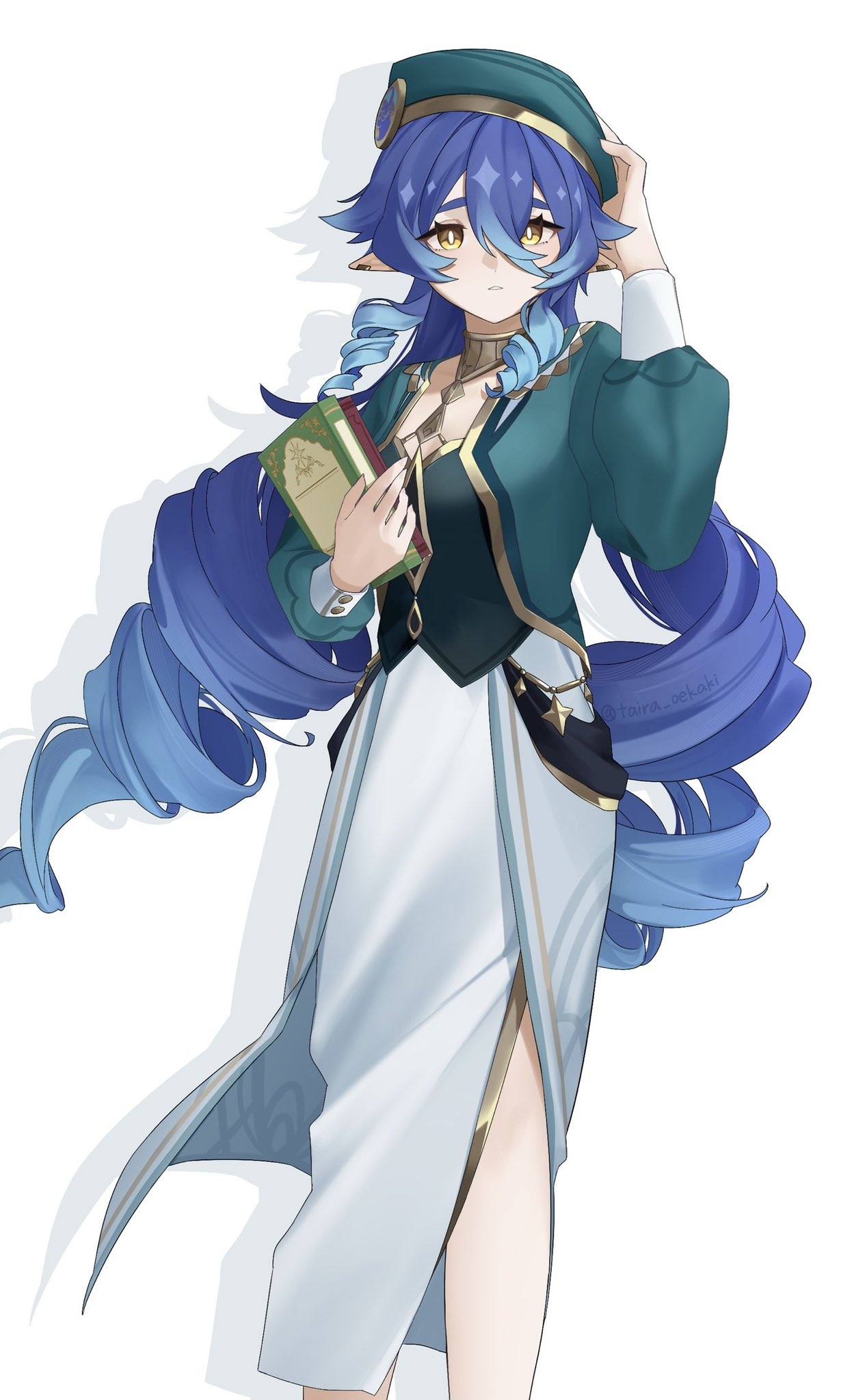 1girl, akademiya_uniform, alternate_costume, blue_hair, book, bright_pupils, commentary_request, dress