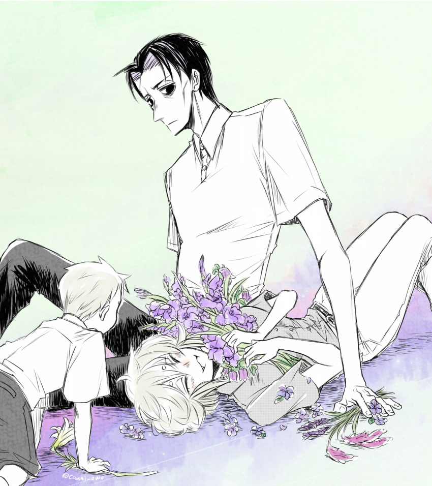 1girl, 2boys, asama_hirotaka, black_hair, bouquet, business_casual, child, closed_eyes