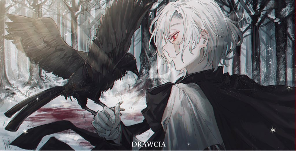 1boy, animal_on_hand, artist_name, bandaid, bandaid_on_cheek, bandaid_on_face, bird, black_bird