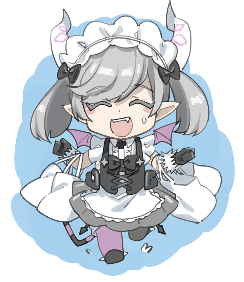 1girl, arianne_the_labrynth_servant, black_skirt, black_tail, black_vest, blue_background, blush, chibi