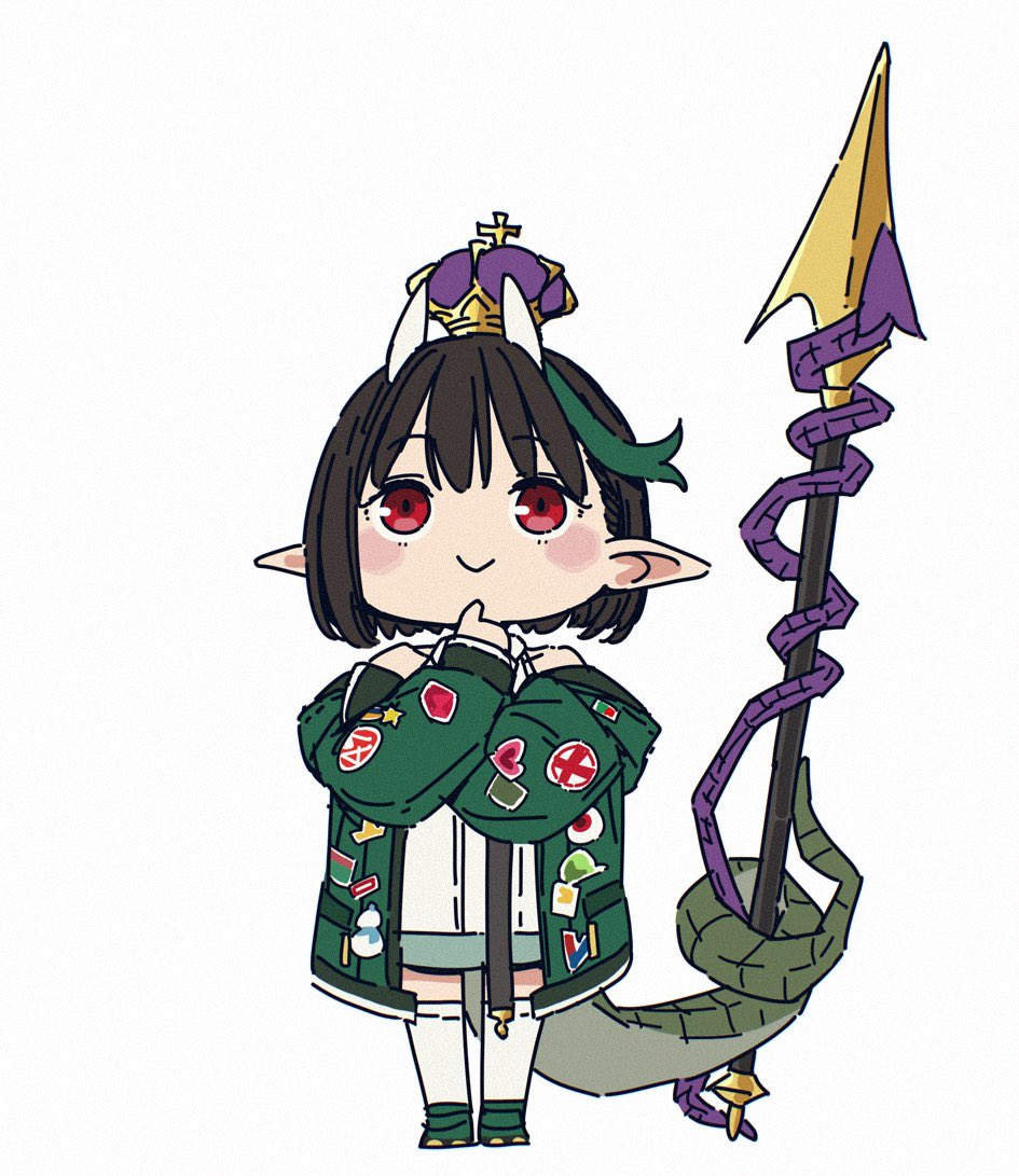 1girl, biscione_(fate), biscione_(second_ascension)_(fate), black_hair, chibi, crown, dragon_horns, dragon_tail