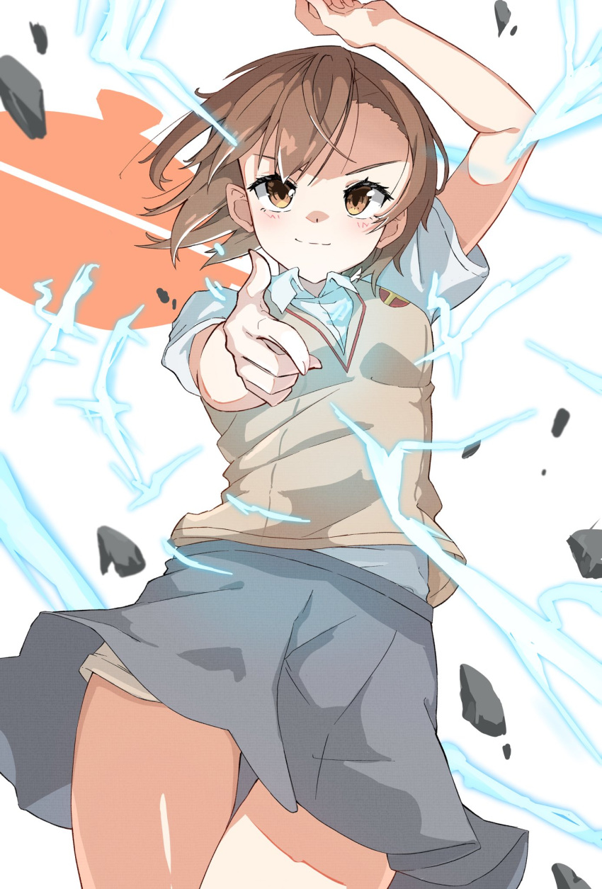 1girl, aiming, blush, brown_eyes, brown_hair, electricity, highres, looking_at_viewer