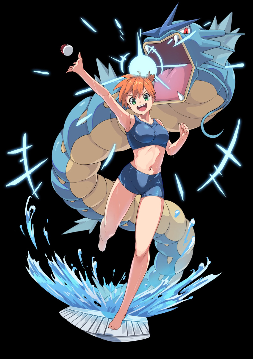 1girl, black_background, green_eyes, gyarados, highres, looking_at_viewer, misty_(pokemon), onabe915