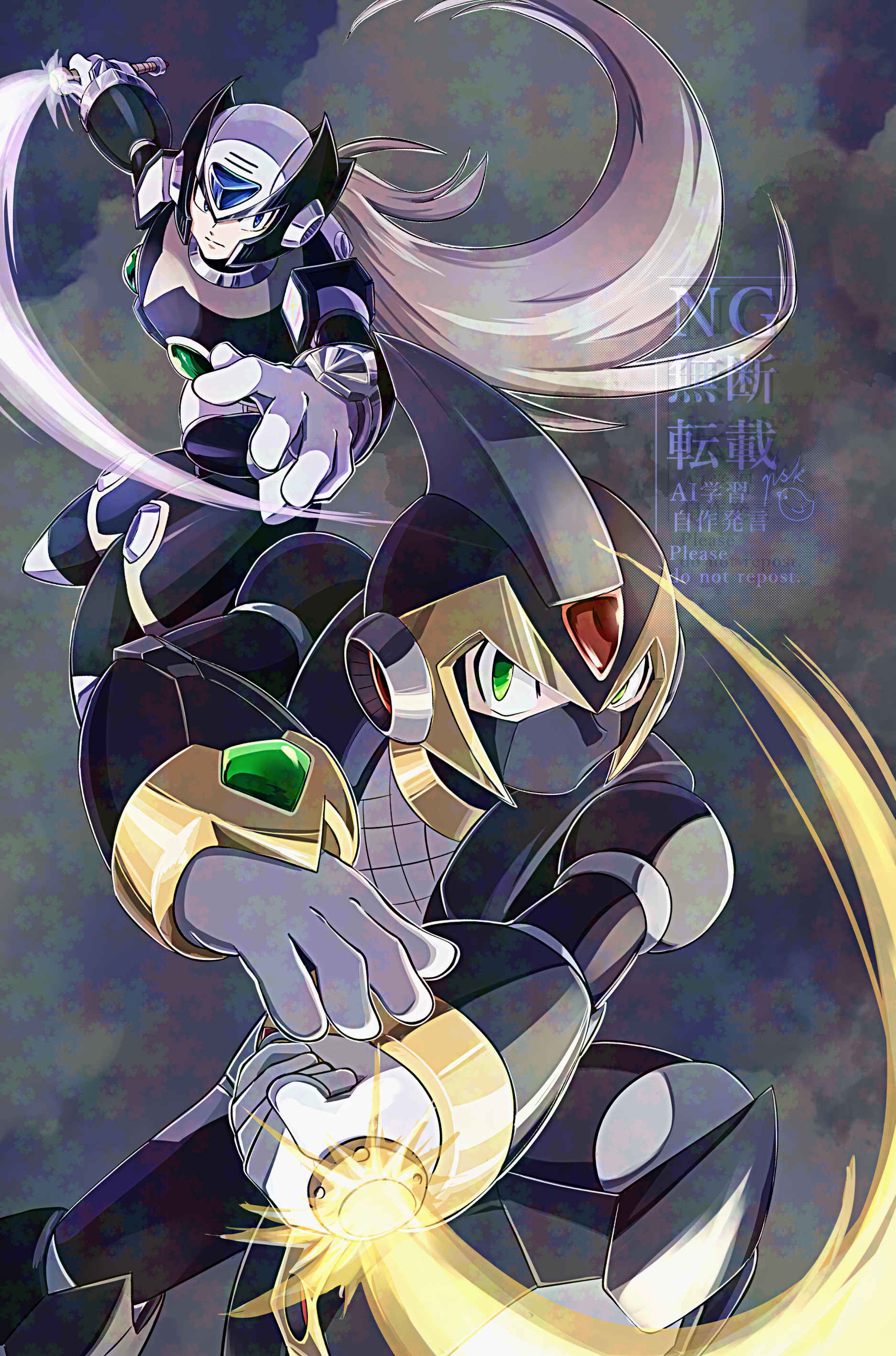 2boys, absurdres, armor, black_armor, black_helmet, black_zero_(mega_man), chest_jewel, covered_mouth, dwn0001130, energy_sword, forehead_jewel, grey_hair, helmet, highres, holding, holding_sword, holding_weapon, long_hair, male_focus, mask, mega_man_(series), mega_man_x_(series), mouth_mask, multiple_boys, ninja, shadow_armor_x_(mega_man), sword, weapon, x_(mega_man), z_saber, zero_(mega_man)