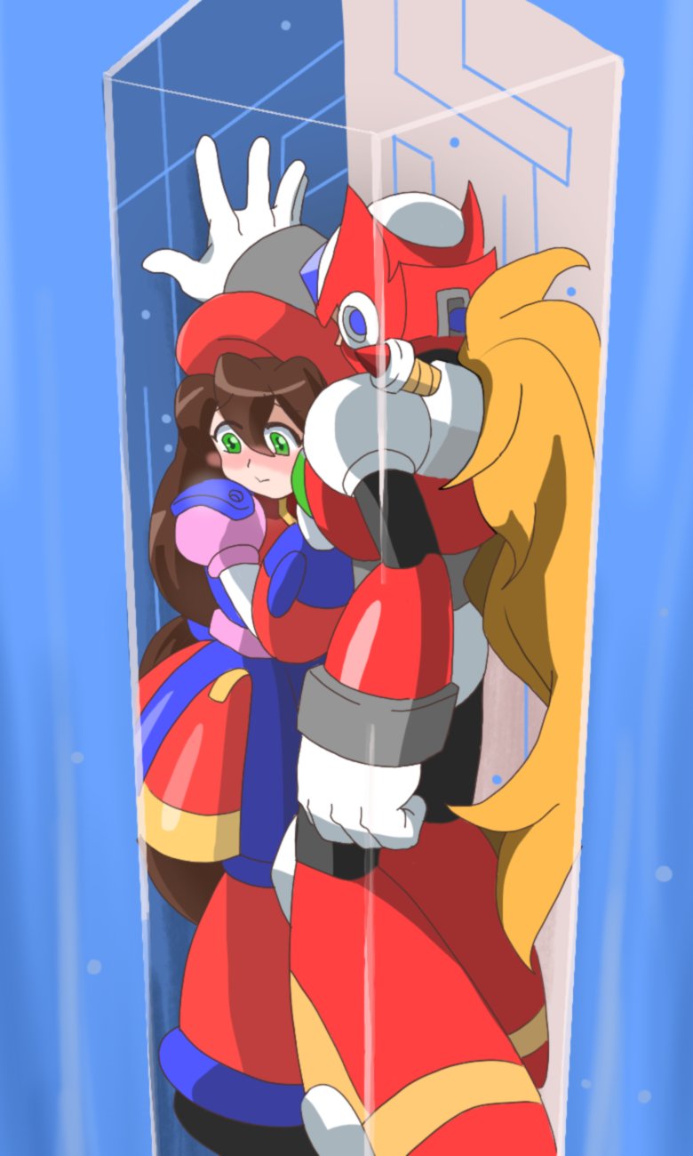 1boy, 1girl, armor, blonde_hair, blush, brown_hair, embarrassed, full_body, green_eyes, hat, helmet, highres, iris_(mega_man), long_hair, mega_man_(series), mega_man_x_(series), miralie4th, red_armor, red_hat, red_helmet, zero_(mega_man)