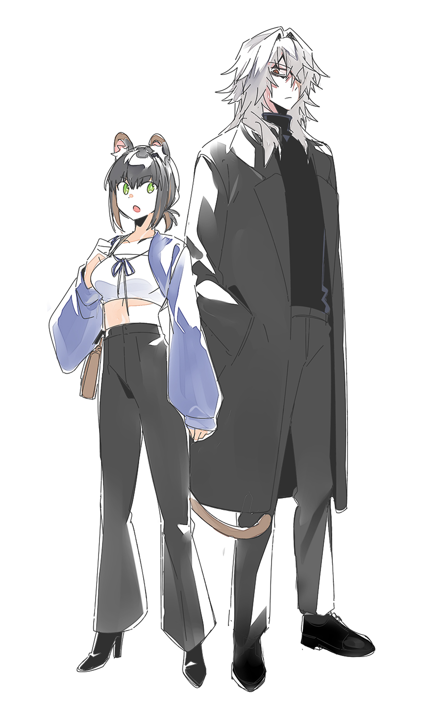 1boy, 1girl, 3_ma_me, alternate_costume, animal_ears, black_coat, black_hair, black_pants