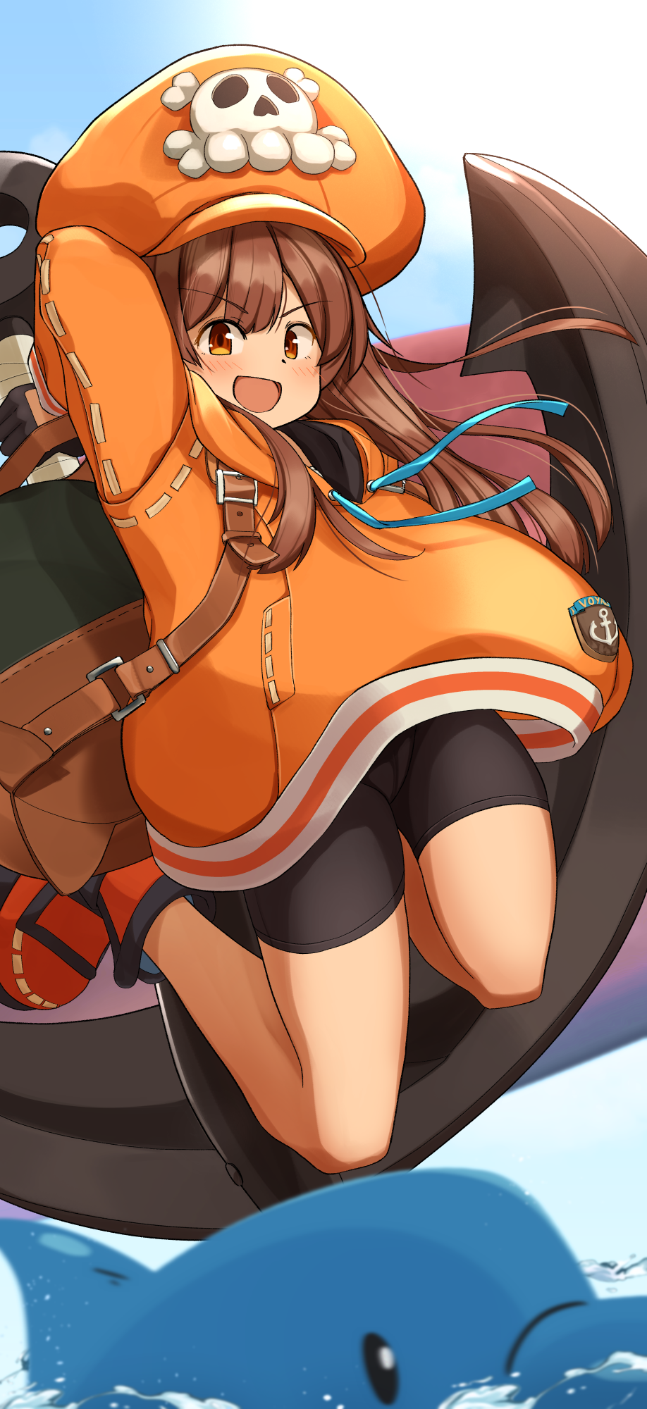 1girl, :d, anchor, backpack, bag, bike_shorts, brown_eyes, brown_hair