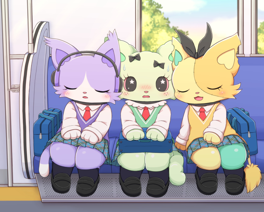 3girls, animal_ears, bag, beatcats, black_bow, black_shoes, blue_socks, blush
