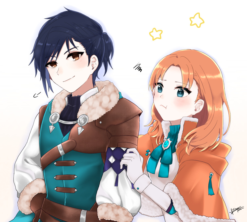 annette_fantine_dominic, annette_fantine_dominic_(timeskip), belt, blue_eyes, blue_hair, dress, felix_hugo_fraldarius, felix_hugo_fraldarius_(timeskip)