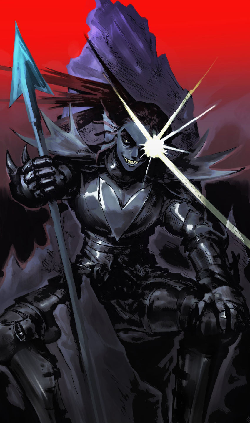 >:), 1girl, absurdres, armor, bandage_player, breastplate, brown_hair, colored_skin