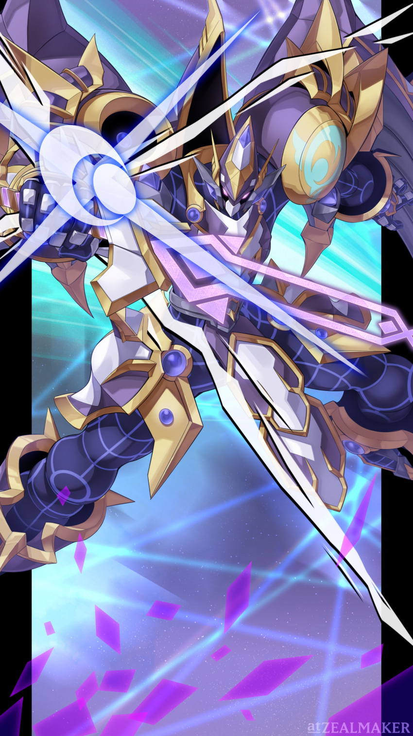 1boy, absurdres, accesscode_talker, accode_talker_@ignister, armor, artist_name, black_border, border, duel_monster, energy_sword, full_body, highres, holding, holding_sword, holding_weapon, solo, sword, violet_eyes, weapon, yu-gi-oh!, zealmaker