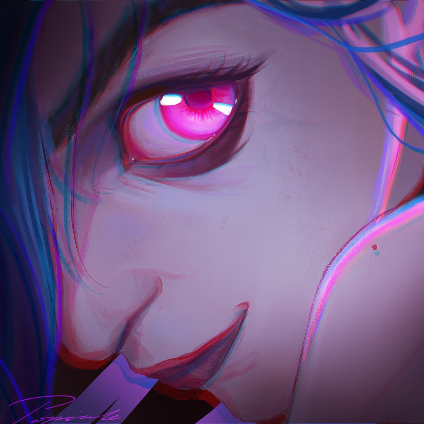 1girl, arcane:_league_of_legends, arcane_jinx, bare_shoulders, black_eyeliner, blue_hair, chromatic_aberration, close-up, eye_focus, eyeliner, freckles, glowing, glowing_eyes, heibai_bangbing, highres, jinx_(league_of_legends), league_of_legends, lips, looking_at_viewer, looking_to_the_side, makeup, pink_eyes, profile, signature, smile, solo