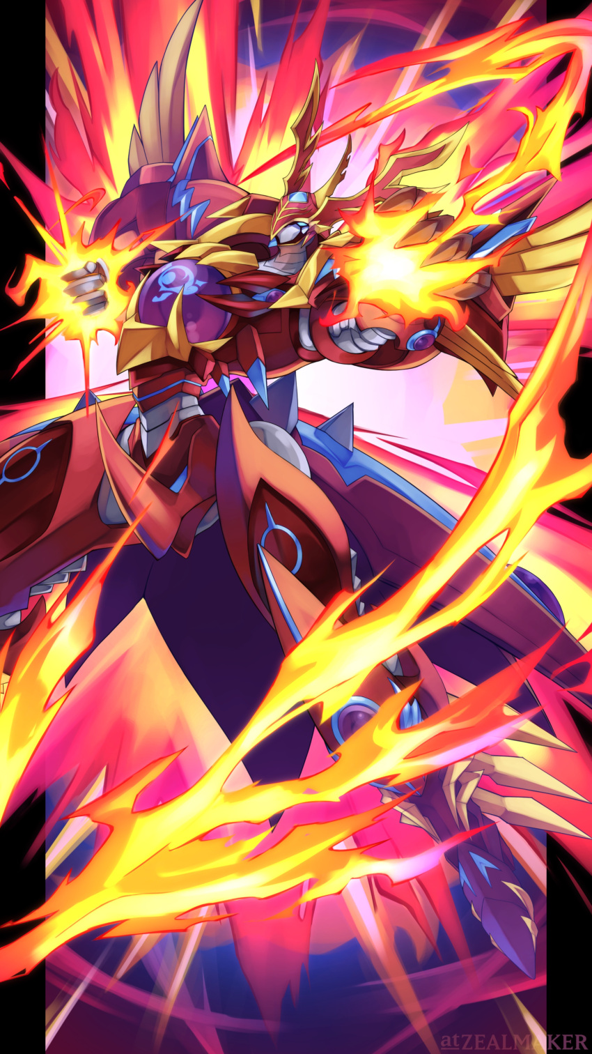 absurdres, armor, chest_jewel, clenched_hand, duel_monster, fire, forehead_jewel, full_body, highres, red_armor, salamangreat_raging_phoenix, solo, yu-gi-oh!, zealmaker