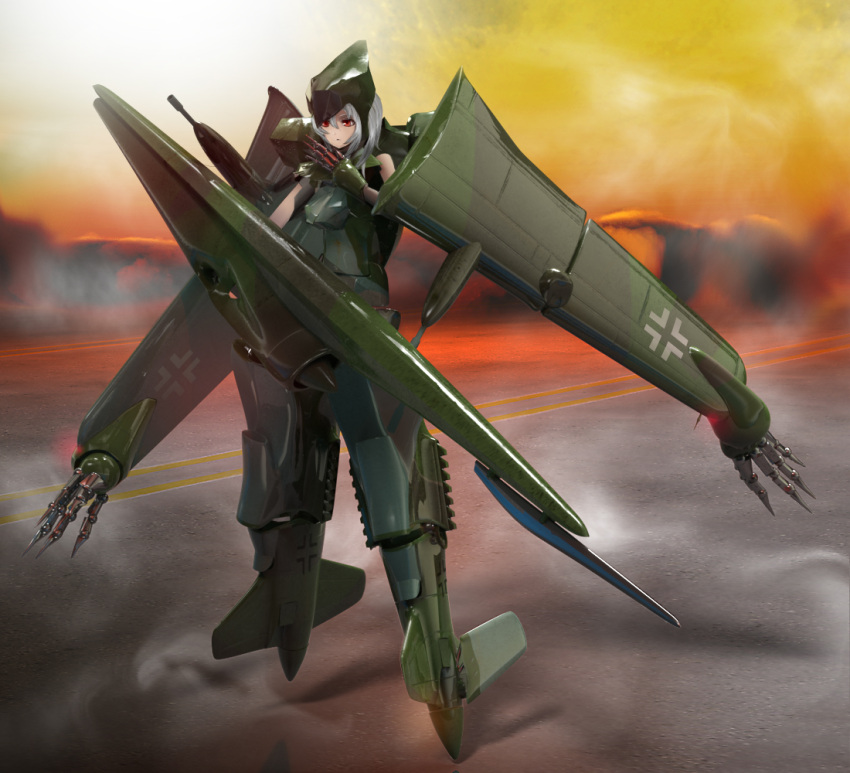 airplane, do_335, gun, mecha_musume, mechanical_arm, military, original, personification, red_eyes, silver_hair, smoke, solo, upeco, weapon, world_war_ii, wwii