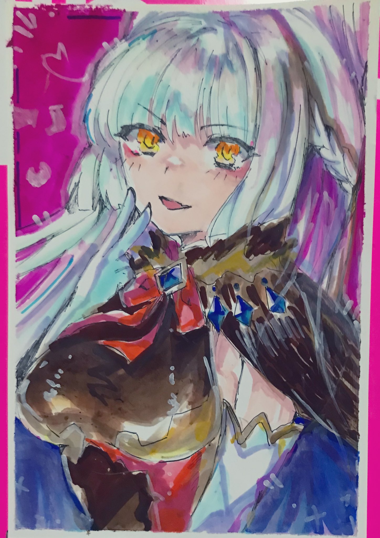 1girl, black_cape, blue_cape, blue_gemstone, braid, breasts, cape, chaos_puss_in_boots_(grimms_notes)