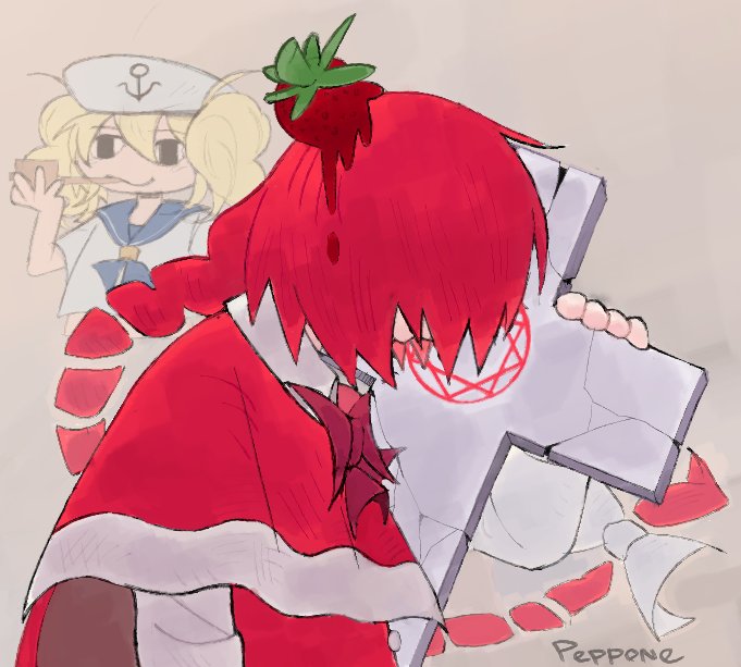 2girls, blonde_hair, bow, bowtie, braid, cross, food, fruit