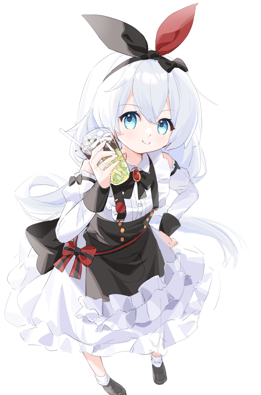 1girl, absurdres, bare_shoulders, blue_eyes, bow, closed_mouth, cup, dress