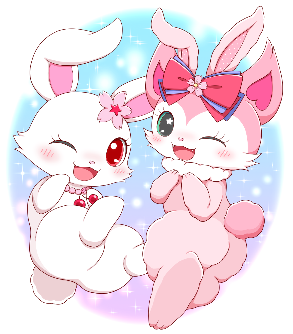 2girls, :3, animal_ears, beatcats, blue_eyes, blush, bow, cat_ears, cat_girl, cherry, cherry_blossoms, chibikemo, commentary_request, company_connection, crossover, fake_animal_ears, fluffy, food, fruit, furry, furry_female, jewelpet_(creature), jewelpet_(series), jewelry, looking_at_viewer, mia_(beatcats), multiple_girls, necklace, one_eye_closed, open_mouth, pink_bow, pink_fur, rabbit_ears, rabbit_girl, rabbit_tail, red_eyes, remoa_(kuremoa3912), ruby_(jewelpet), sanrio, sparkle, tail, white_fur