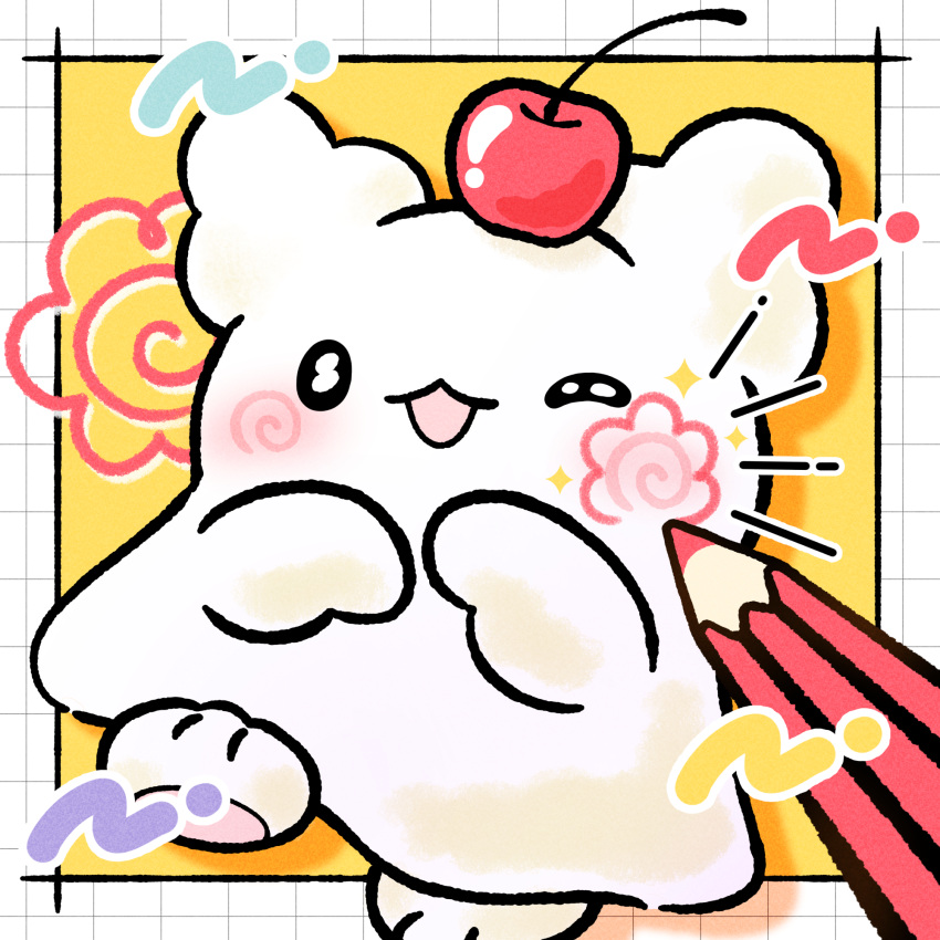 :3, animal_ears, blush, border, cherry, commentary, creature, creature_focus