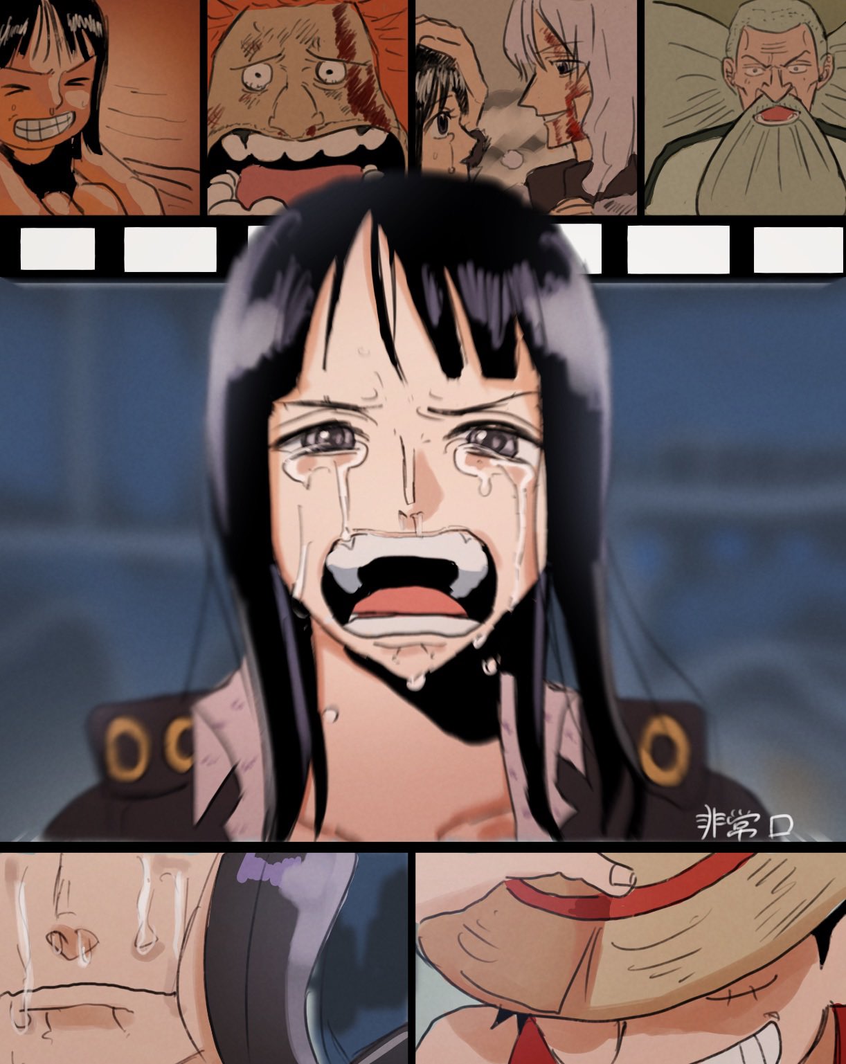 >_<, 2girls, 3boys, aged_down, black_hair, blood, blood_on_face, blunt_bangs