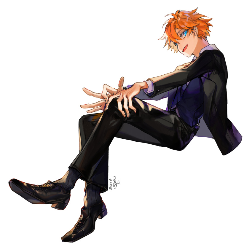 1boy, akehoshi_subaru, black_jacket, black_pants, black_shoes, black_socks, blue_eyes, dongbackbyul