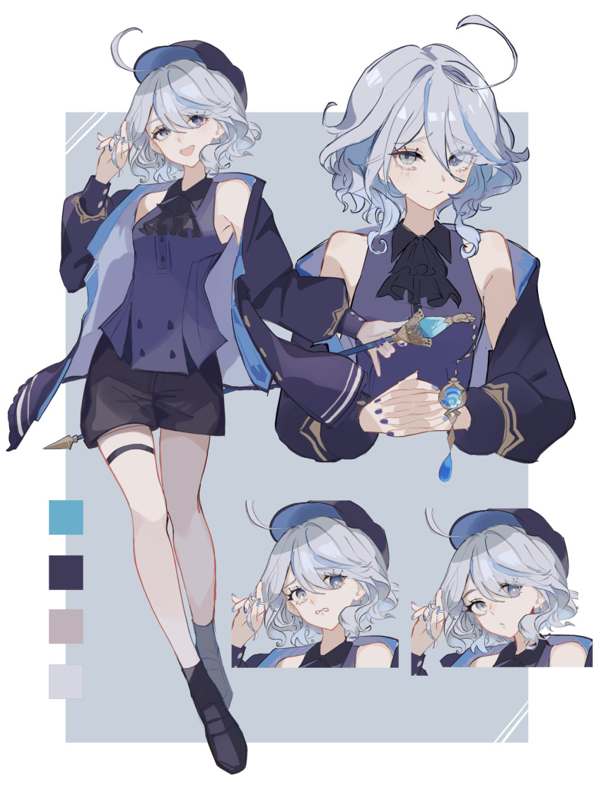 1girl, alternate_costume, blue_background, blue_eyes, blue_nails, border, c_cutai, color_guide