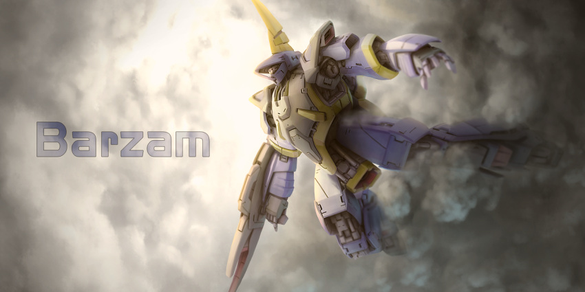 barzam, beam_rifle, gun, gundam, horn, kou_(mechalog), mecha, mobile_suit, no_humans, outstretched_arms, smoke, weapon, zeta_gundam