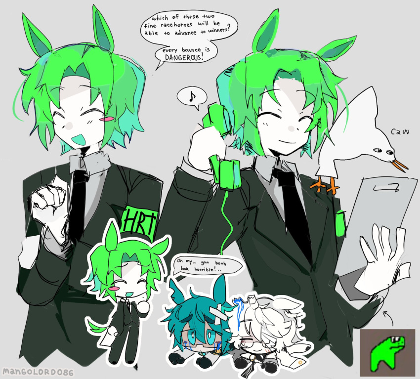 3girls, animal_ears, animal_on_shoulder, armband, bird, bird_on_shoulder, black_necktie, black_suit