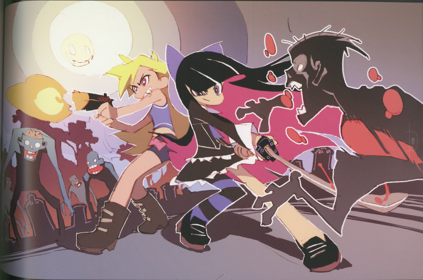 back_lace, battle, gainax, gun, highres, multiple_girls, official_art, official_style