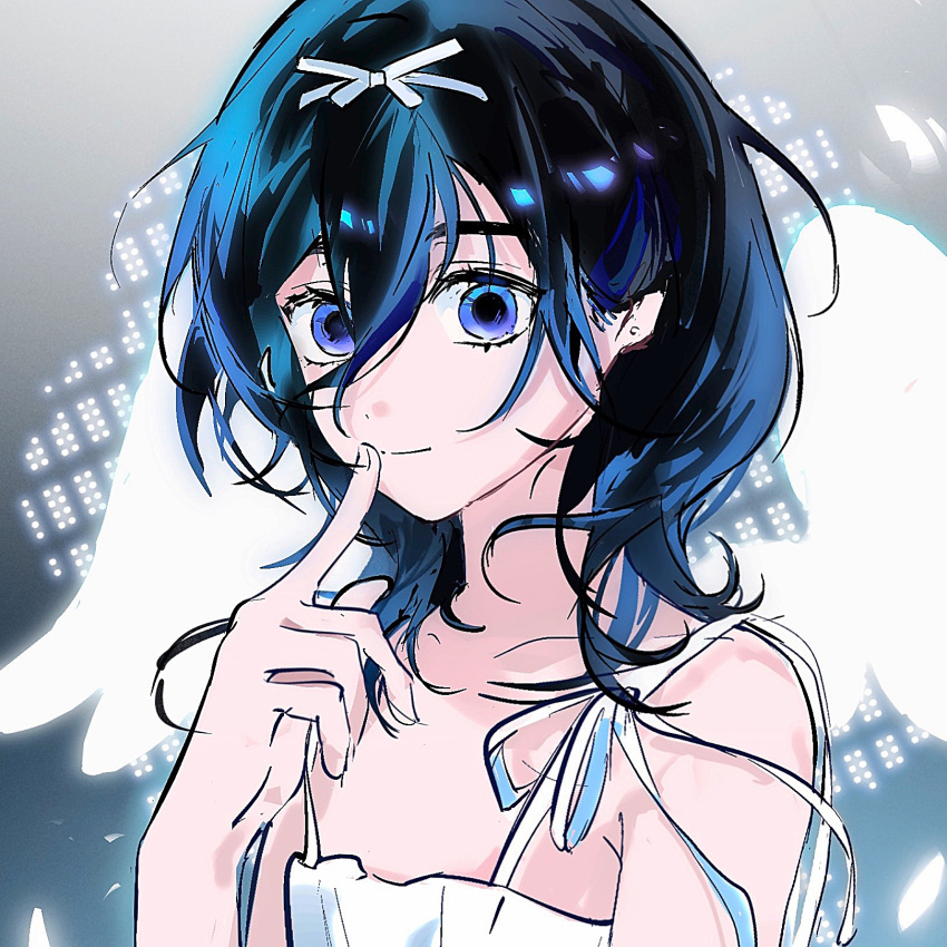 1girl, alien_stage, black_hair, blue_eyes, bow, chinese_commentary, cidao84194, closed_mouth