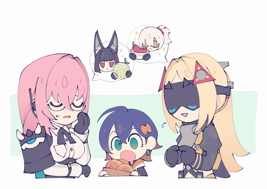 5girls, animal_ears, armor, belle_(zenless_zone_zero), black_gloves, black_hair, blindfold, blonde_hair