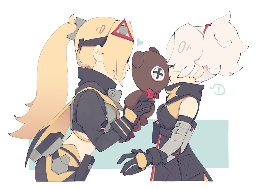 !, 2girls, black_gloves, black_scarf, blindfold, blonde_hair, chibi, closed_mouth