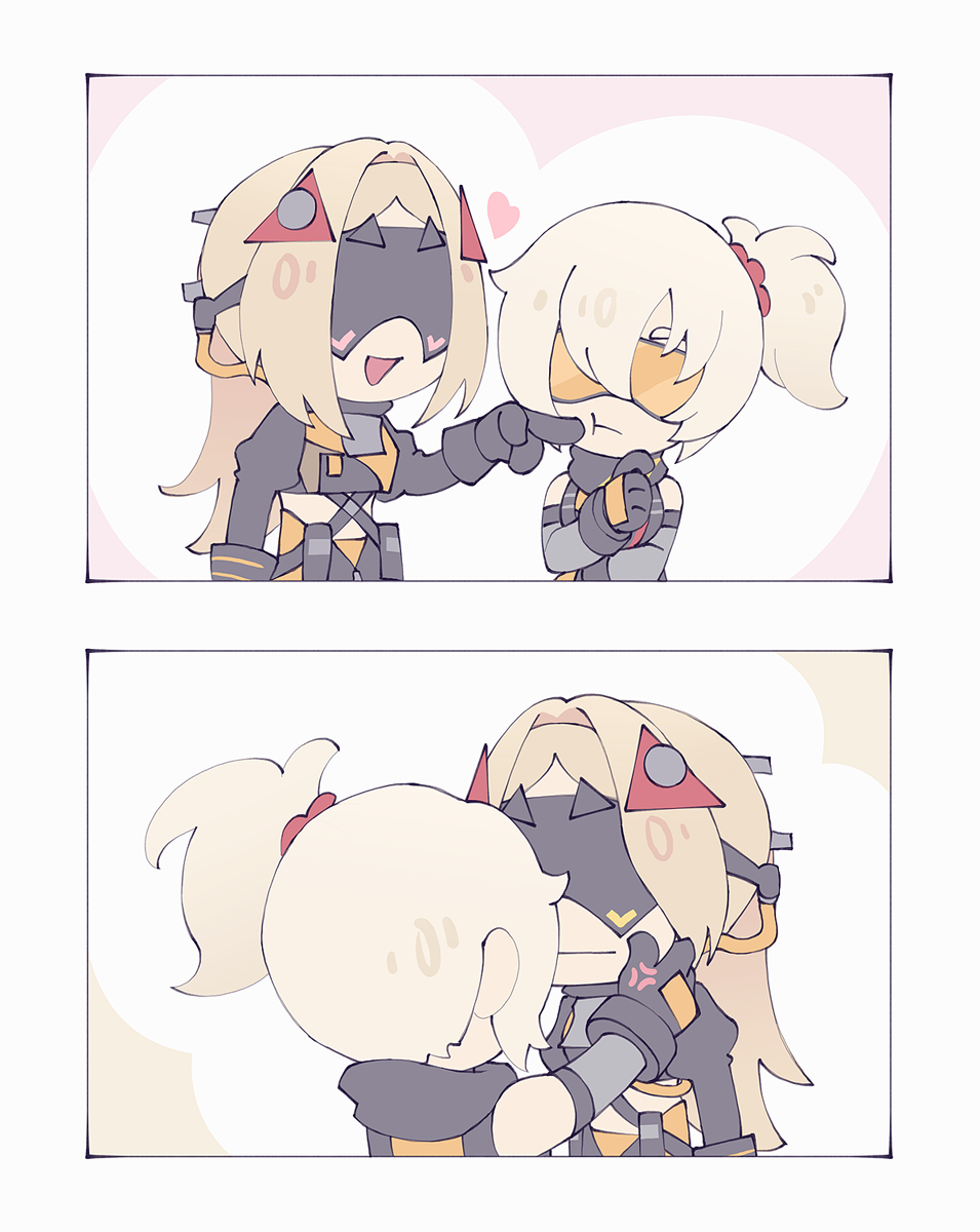2girls, anger_vein, black_gloves, blindfold, blonde_hair, cheek_poking, cheek_pull, chibi