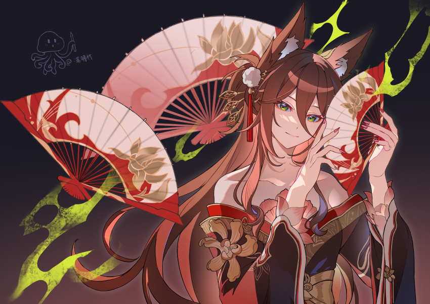 1girl, absurdres, animal_ear_fluff, animal_ears, brown_hair, collarbone, eyeshadow, folding_fan