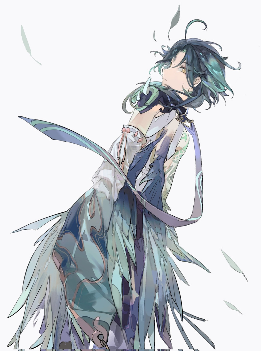 1boy, ahoge, arm_tattoo, armor, black_hair, cidao84194, commentary, detached_sleeves, duplicate, expressionless, feathered_wings, genshin_impact, green_hair, hashtag-only_commentary, highres, looking_at_viewer, looking_back, male_focus, multicolored_hair, pauldrons, short_hair, shoulder_armor, simple_background, single_bare_shoulder, single_pauldron, sleeves_past_fingers, sleeves_past_wrists, solo, standing, tattoo, two-tone_hair, white_background, wings, xiao_(genshin_impact), yellow_eyes
