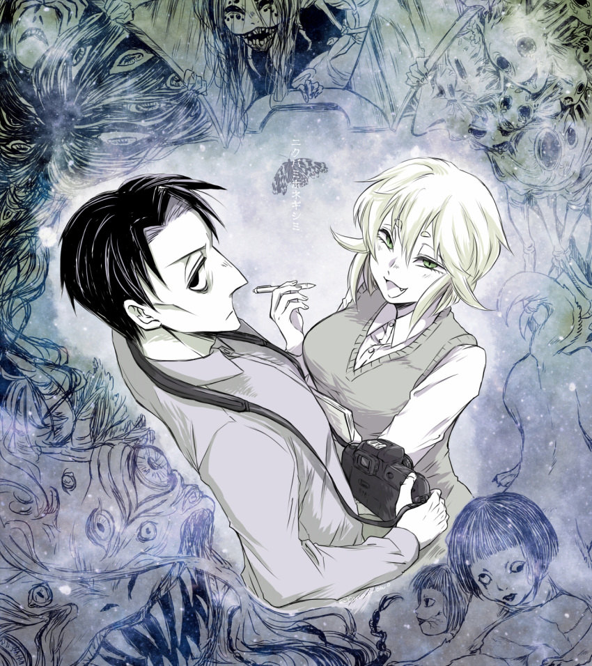 1boy, 1girl, :3, animal_with_human_head, asama_hirotaka, black_cloud, black_hair, blonde_hair, body_horror, business_casual, camera, caterpillar, caterpillar_girl, cocoon, collared_shirt, decapitation, extra_eyes, extra_faces, fang, fangs, green_eyes, highres, holding, holding_camera, holding_notepad, holding_pen, horror_(theme), inubousaki_shioi, looking_at_viewer, necktie, nikubami_honegishimi, notepad, pen, pointy_nose, runarica0914, shirt, sideways_glance, sweater_vest