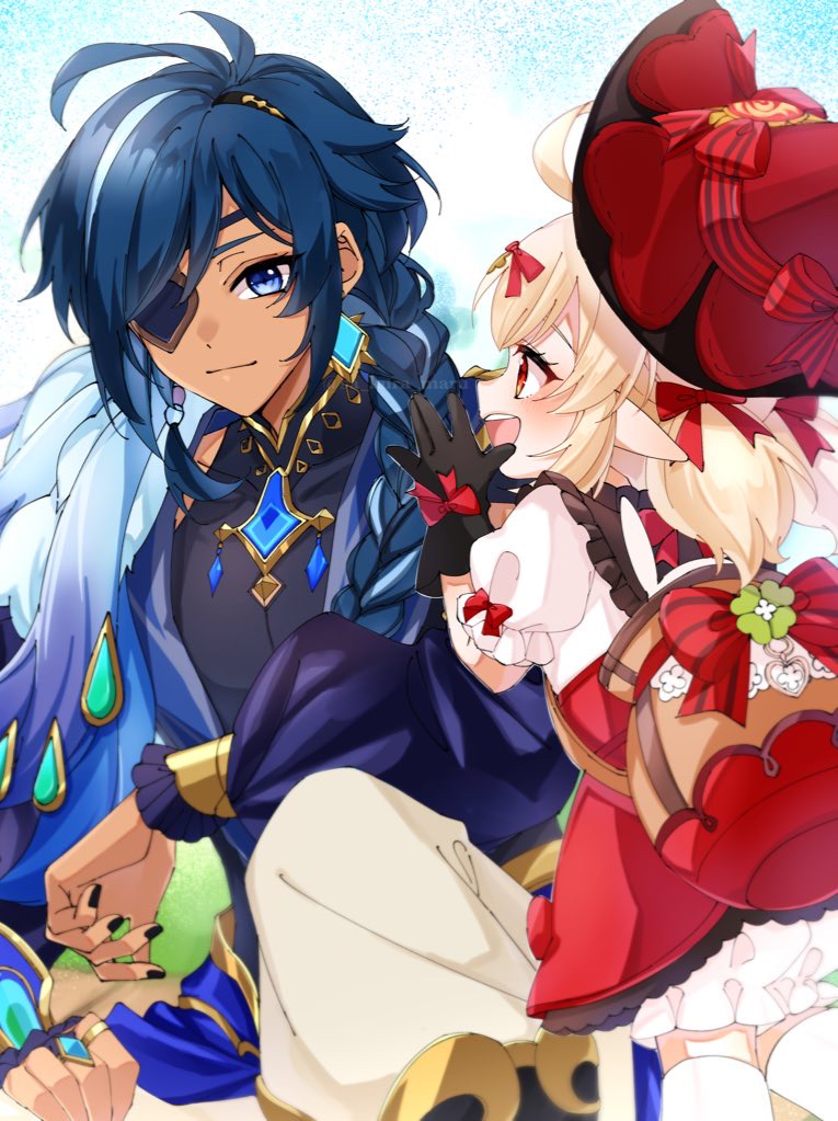 1boy, 1girl, ahoge, black_gloves, black_nails, blonde_hair, blue_eyes, blue_hair