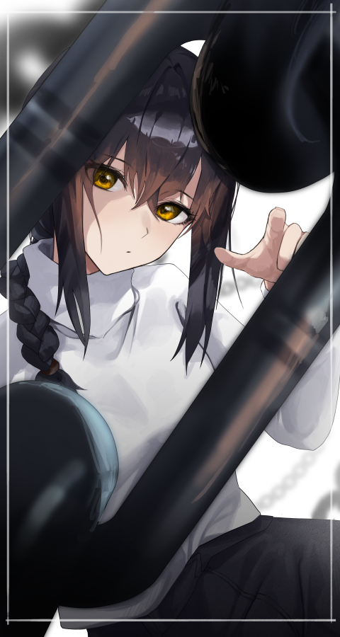 1girl, black_hair, black_pants, braid, chainsaw_man, closed_mouth, looking_at_viewer, nayuta_(chainsaw_man)