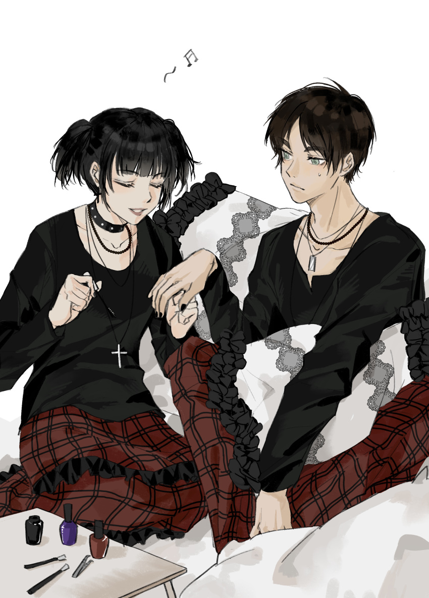 1boy, 1girl, absurdres, alternate_universe, applying_manicure, black_hair, black_nails, black_shirt
