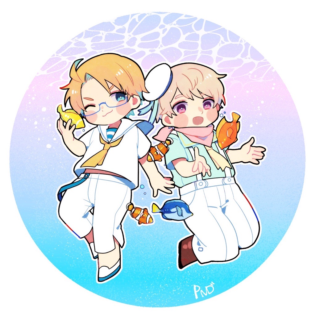 2boys, ahoge, america_(hetalia), axis_powers_hetalia, bandana, blonde_hair, blue-framed_eyewear, blue_background