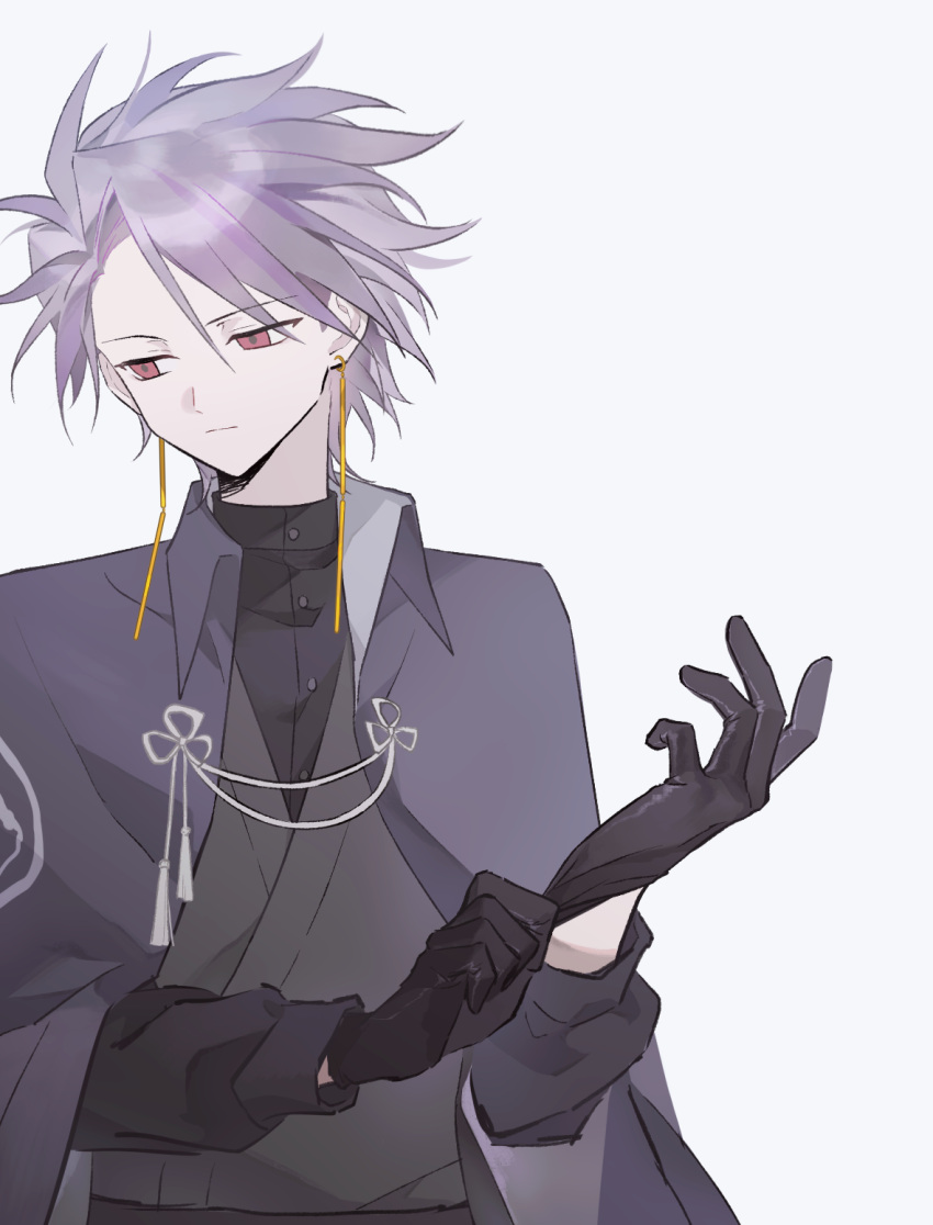 1boy, :|, adapted_costume, black_cape, black_gloves, black_kimono, black_shirt, buttons