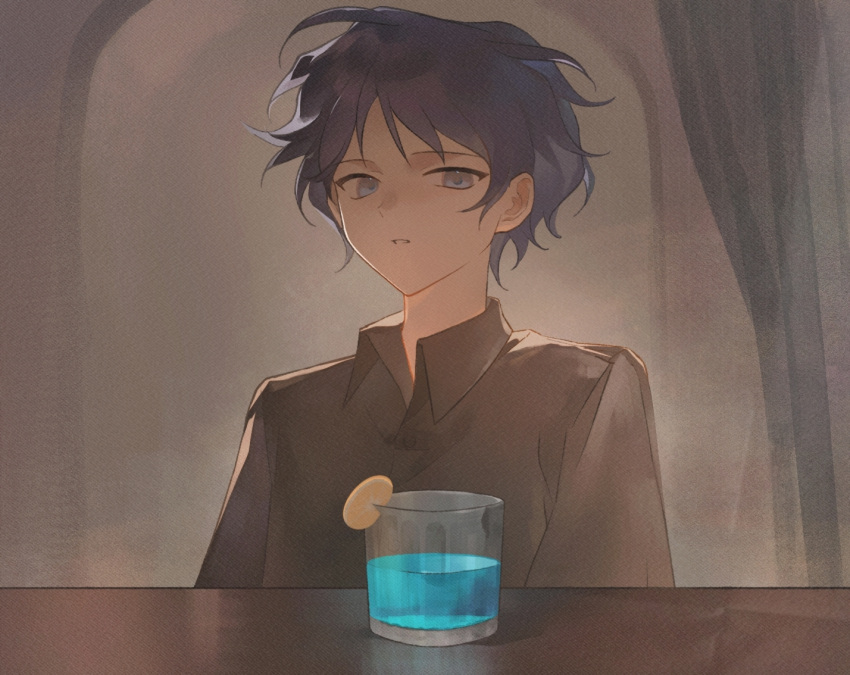 1boy, blue_eyes, blue_hair, brown_shirt, chinese_commentary, collared_shirt, commentary_request, cup