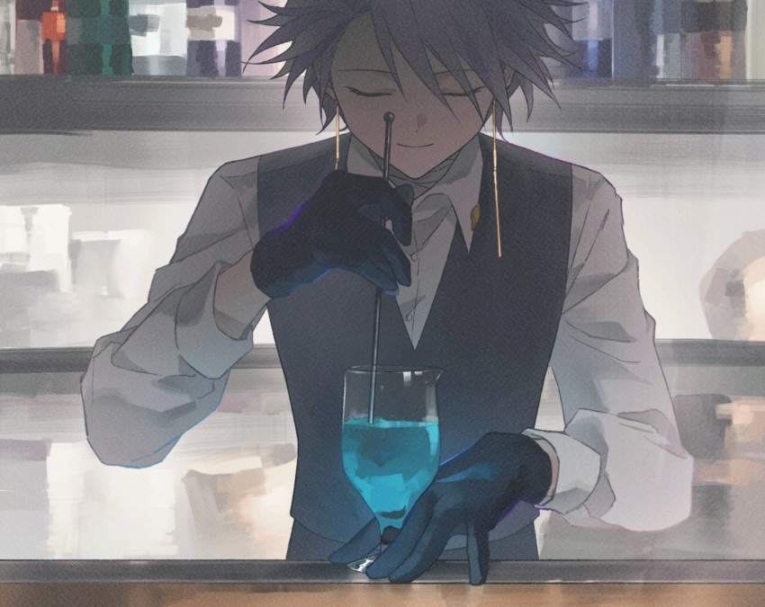 1boy, alternate_costume, bar_(place), bar_spoon, bartender, black_gloves, black_vest, chinese_commentary