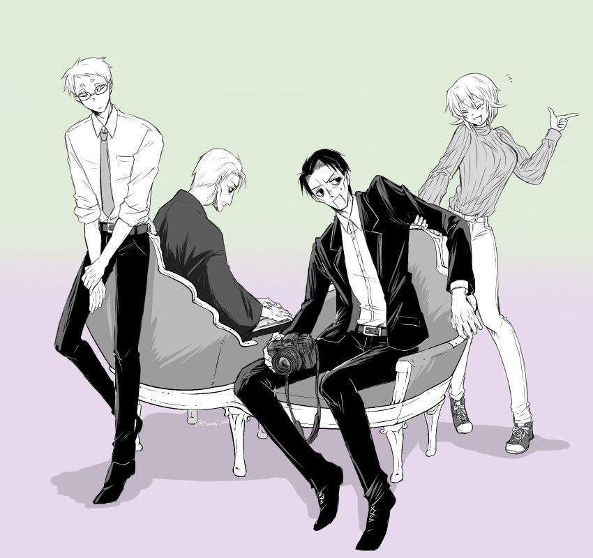 1girl, 2boys, :3, age_progression, annoyed, asama_hirotaka, black_eyes, black_hair