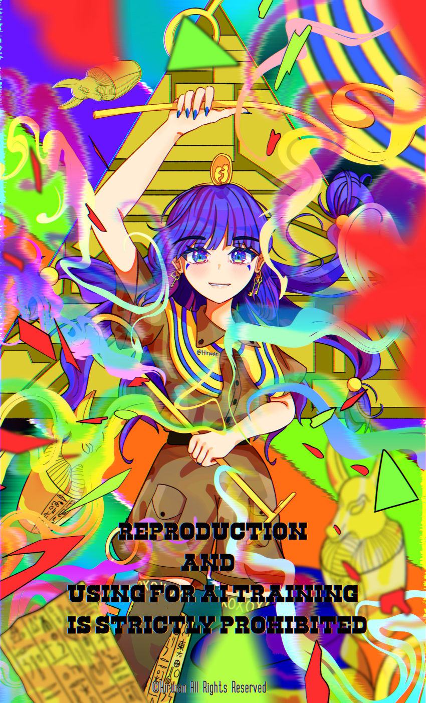 absurdres, ancient_egyptian, bad_source, blue_eyes, blue_hair, earrings, grey_shirt, grey_skirt